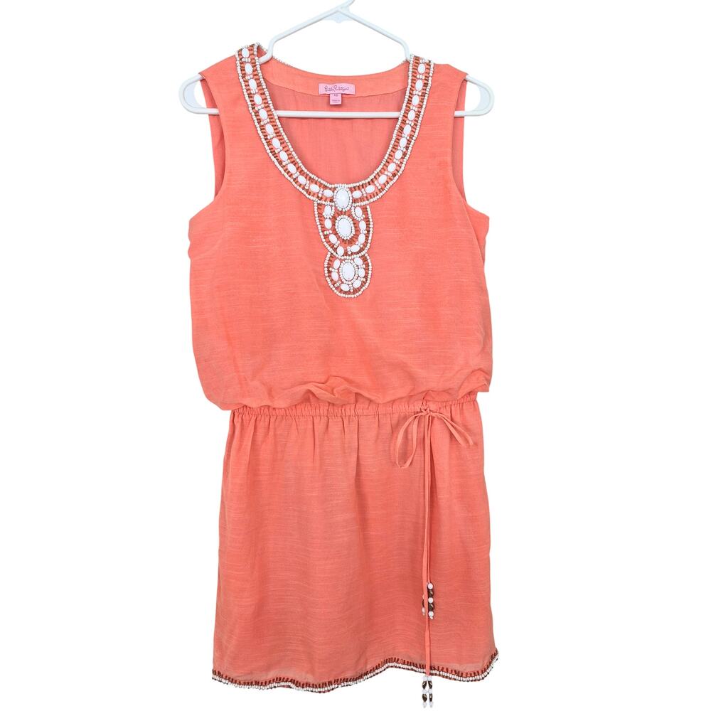 Lily Pulitzer Sleeveless Dress XS Coral Beaded Cotton Linen Boho Retro Coastal